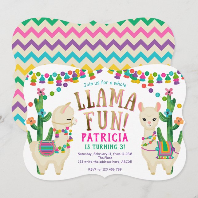 Fiesta Llama Roligt födelsedagsfest inbjudan (Fram/baksida)