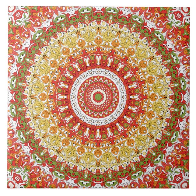 Fiesta Mandala Mönster i Rött, Gult och Grönt Kakelplatta (Framsidan)