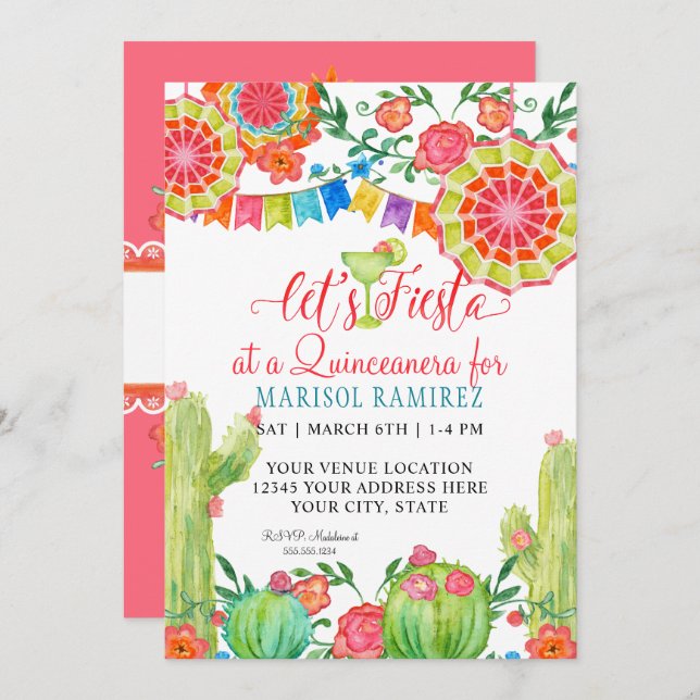 Fiesta Margarita Cactus 15:e födelsedagen Quincean Inbjudningar (Fram/baksida)