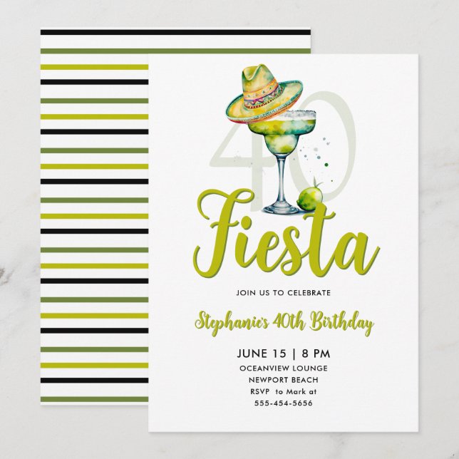 Fiesta Margarita Sombrero Limegrön 40-års födelsed Inbjudningar (Fram/baksida)