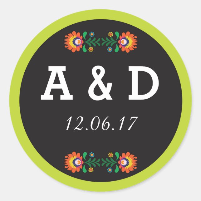 Fiesta Mexican Blommigt Round Stickers etikett (Framsida)
