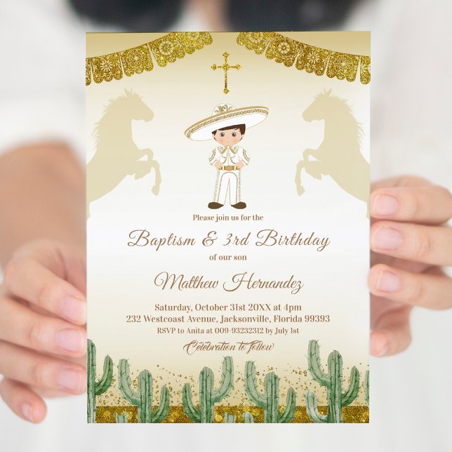 Fiesta Mexican Boy Guld, baptism och födelsedagsda Inbjudningar (Skapare uppladdad)