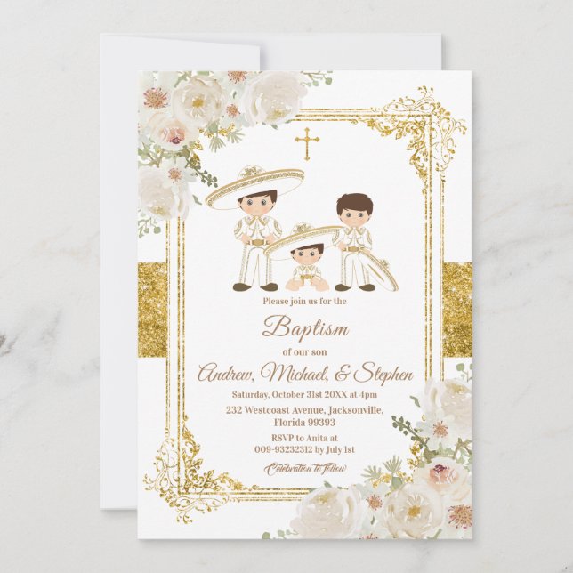 Fiesta Mexican Boys Guld Baptism & Birthday Inbjud Inbjudningar (Framsida)