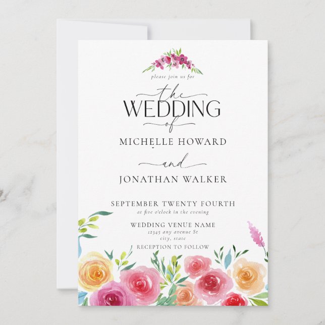 Fiesta Mexican Flowers Elegant Script QR Bröllop Inbjudningar (Framsida)