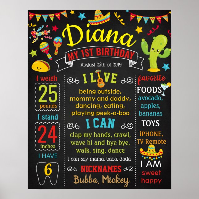 Fiesta Mexican Födelsedagsfest chalkboard-tecken Poster (Framsidan)