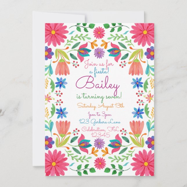 Fiesta Mexican Folwatercolor Blommigt Birthday Inbjudningar (Framsida)