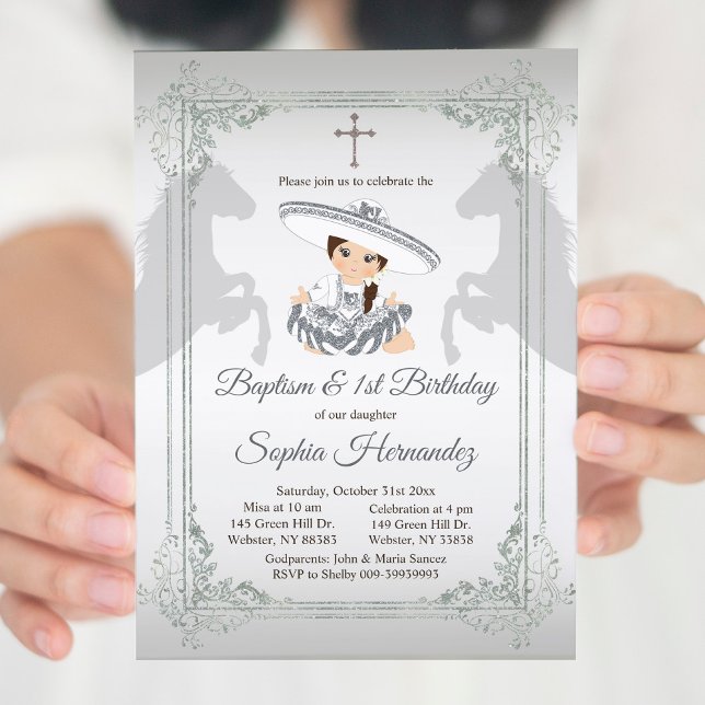Fiesta Mexican Girl Silver Baptism & Birthday Inbjudningar (Skapare uppladdad)