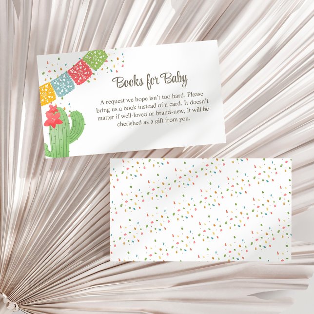 Fiesta Mexiicana Cactus Confetti Bokar för Baby Tilläggskort (Fiesta Mexicana Cactus Confetti Books for Baby Enclosure Card on a dry white fan palm leaf.)