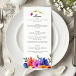 Fiesta Mexikanska Bröllop, färgfull Blommigt Meny<br><div class="desc">Lägg till en stänk av pulserande kultur till bröllop med vår Fiesta-mexikanska bröllop-meny med inspirerad blommigt. Den här snyggt designade menyn är försedd med blommönster i en upplopp av djärvt färg - rik ,  soliga ,  ljusa blåsor och lush-gröntar - som fångar kärnan i en levande mexikansk fiesta.</div>