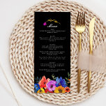 Fiesta Mexikanska Bröllop, färgfull Blommigt Meny<br><div class="desc">Lägg till en stänk av pulserande kultur till bröllop med vår Fiesta-mexikanska bröllop-meny med inspirerad blommigt. Den här snyggt designade menyn är försedd med blommönster i en upplopp av djärvt färg - rik ,  soliga ,  ljusa blåsor och lush-gröntar - som fångar kärnan i en levande mexikansk fiesta.</div>