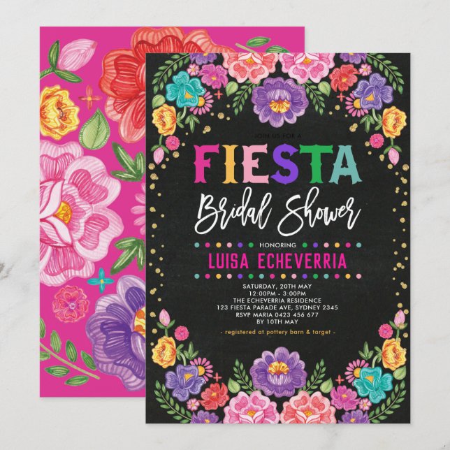 Fiesta Möhippa Mexican Flower Chalkboard Inbjudningar (Fram/baksida)