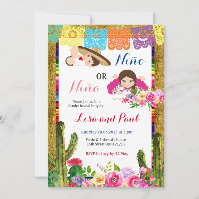 Fiesta Niño eller Niña Gender Reveal Inbjudningar (Framsida)