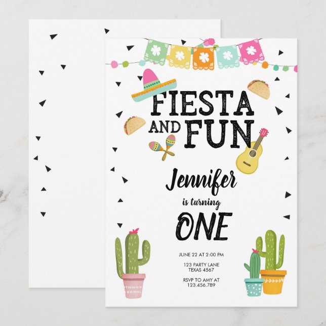 Fiesta och Roligt Cactus mexikanska flicka första  Inbjudningar (Fram/baksida)
