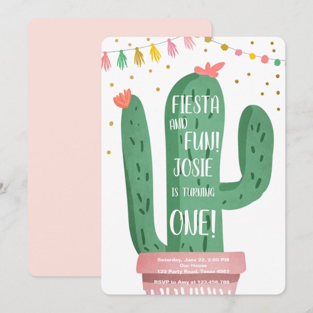 Fiesta och Roligt Girl Rosa Cactus 1:a födelsedage Inbjudningar (Fram/baksida)