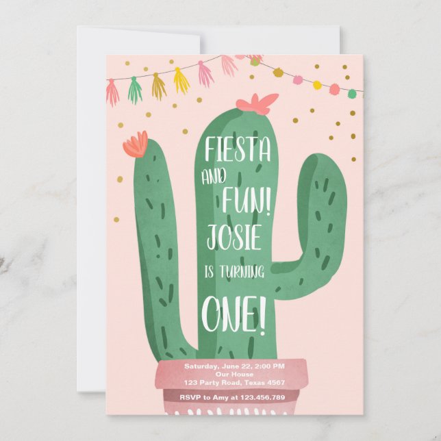 Fiesta och Roligt Girl Rosa Cactus 1:a födelsedage Inbjudningar (Framsida)