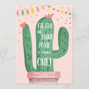 Fiesta och Roligt Girl Rosa Cactus 1:a födelsedage Inbjudningar