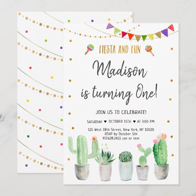 Fiesta och Roligt Guld Fiesta första födelsedag Inbjudningar (Fram/baksida)