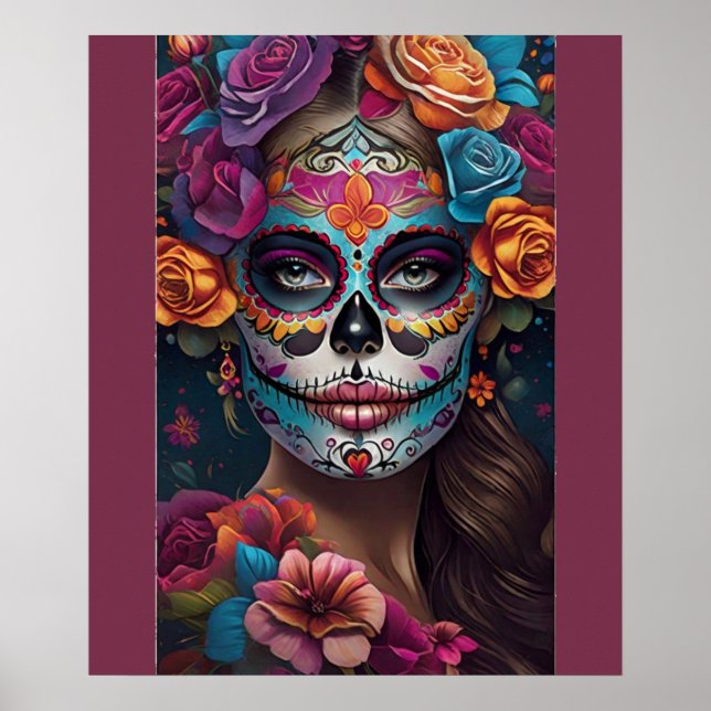 Fiesta of Färg: Women in Sugar Skull Makeup Art Poster (Framsidan)