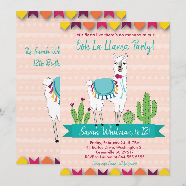 Fiesta, Oj La Llama Birthday-inbjudan Inbjudningar (Fram/baksida)