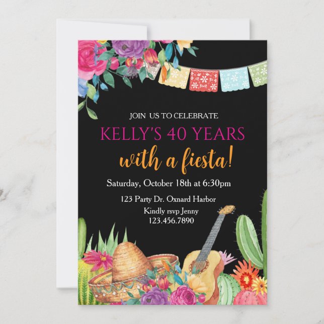 Fiesta, överraskning, födelsedag, mexikanska fiest inbjudningar (Framsida)