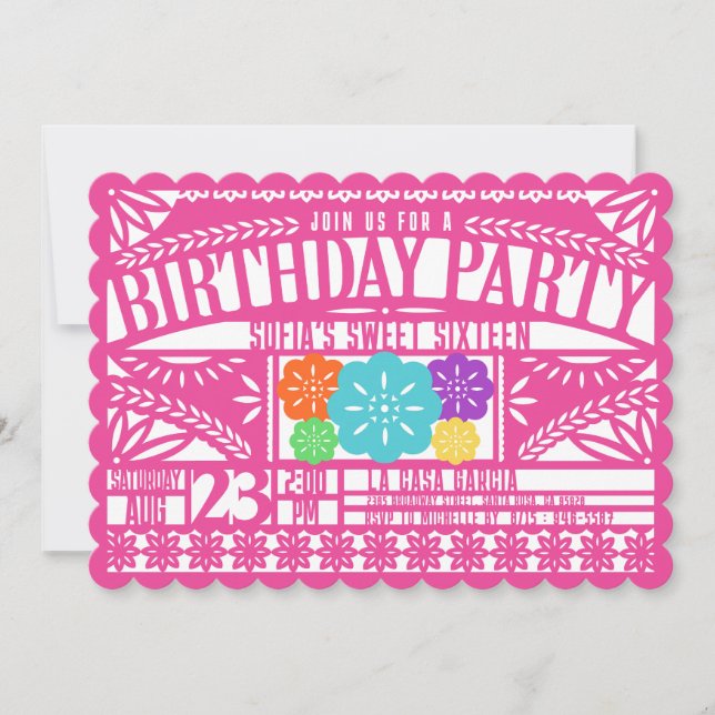 Fiesta Papel Picado Flagga FUCHSIA Sweet 16 Birthd Inbjudningar (Framsida)