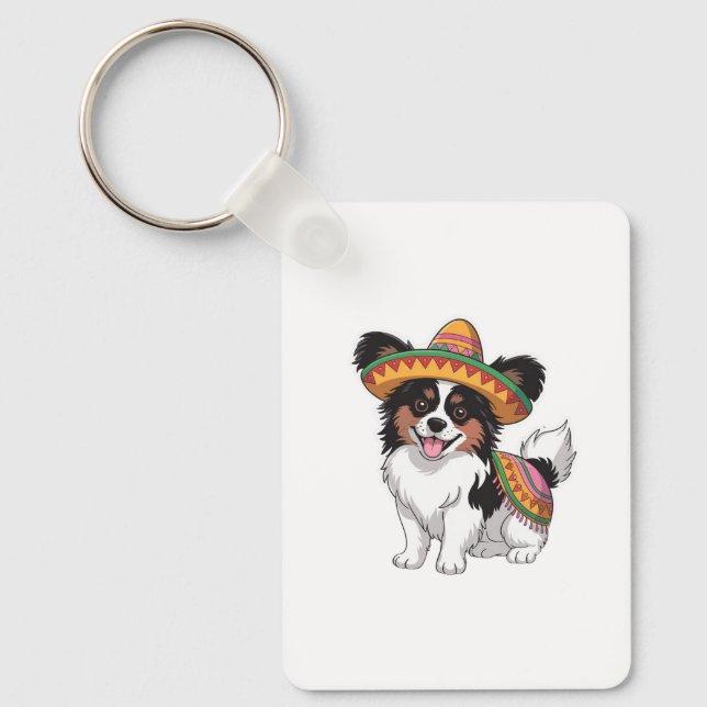 Fiesta Papillon Hund Wearing Sombrero och Sarape Nyckelring (Framsida)