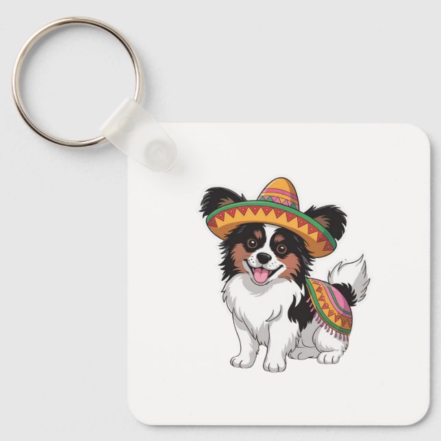 Fiesta Papillon Hund Wearing Sombrero och Sarape Nyckelring (Framsida)