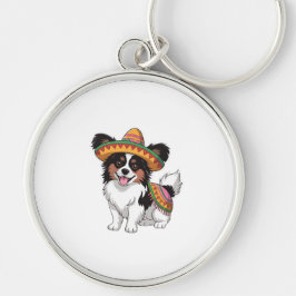 Fiesta Papillon Hund Wearing Sombrero och Sarape Rund Silverfärgad Nyckelring