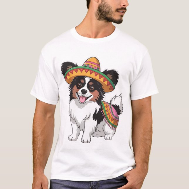 Fiesta Papillon Hund Wearing Sombrero och Sarape T Shirt (Framsida)