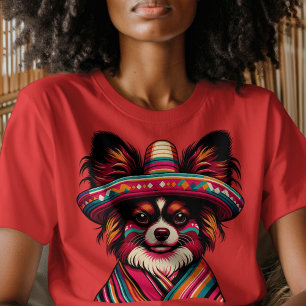 Fiesta Papillon Hund Wearing Sombrero och Sarape T Shirt