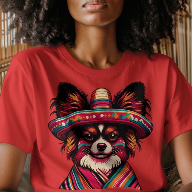 Fiesta Papillon Hund Wearing Sombrero och Sarape T Shirt (Fiesta Papillon Dog Wearing Sombrero and Sarape T-Shirt)