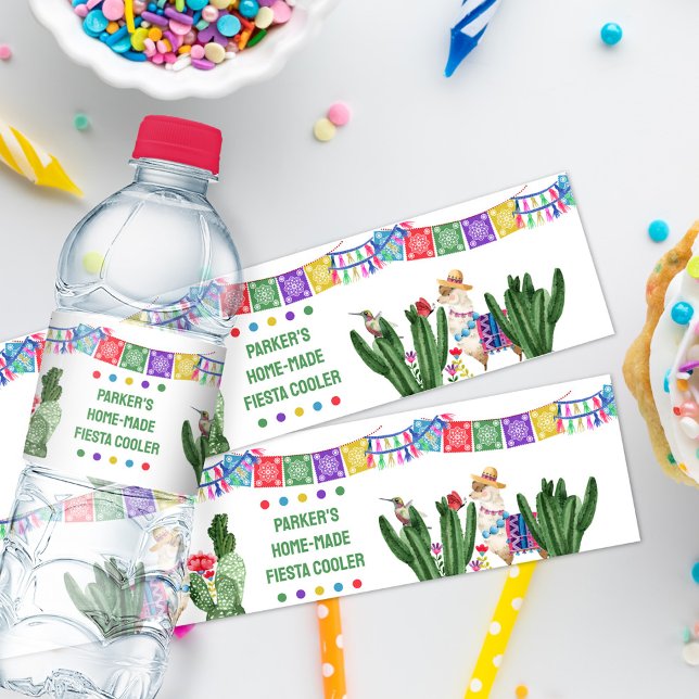 Fiesta Party med Papel Picado Bunting och Cactus Vattenflaskor Etikett (Water Bottle labels with fully editable text and fiesta birthday party theme)