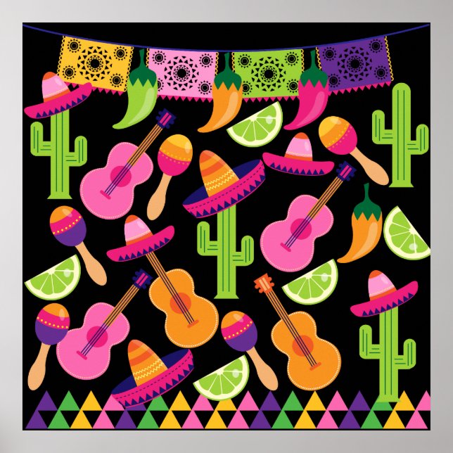 Fiesta Party Sombrero Cactus Limes Peppers Maracas Poster (Framsidan)
