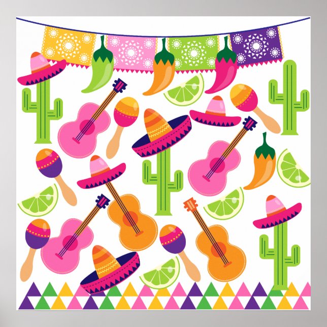 Fiesta Party Sombrero Cactus Limes Peppers Maracas Poster (Framsidan)