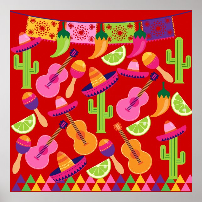 Fiesta Party Sombrero Limes Guitar Maraca Saguaro Poster (Framsidan)