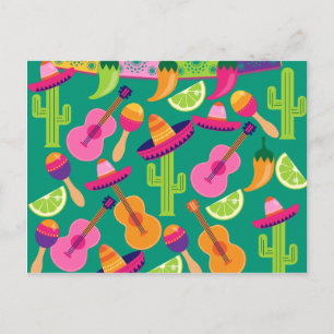 Fiesta Party Sombrero Limes Guitar Maraca Saguaro Vykort