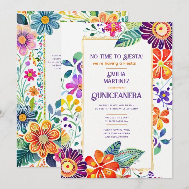 FIESTA QUINCEANERA Folkart Flowers Tema Inbjudningar (Fram/baksida)
