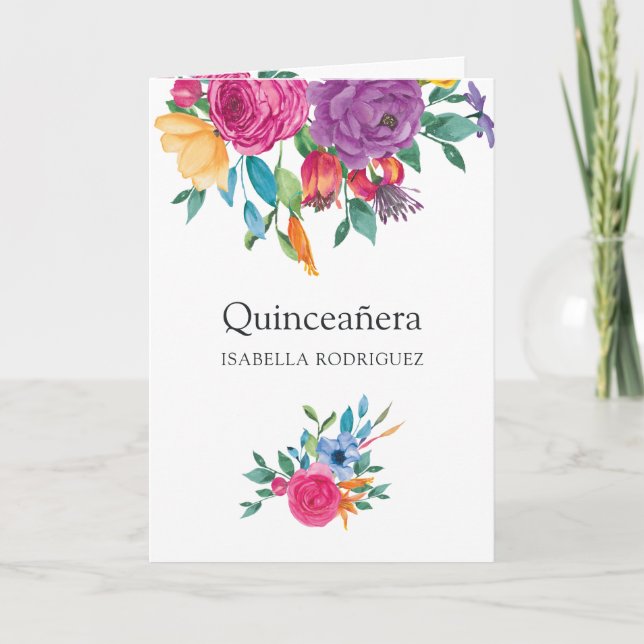 Fiesta Quinceañera Photo Watercolor Blommigt Inbjudan (Framsida)