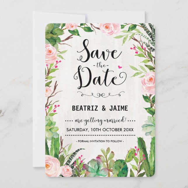 Fiesta Save the Date Inbjudan Rosa Blommig Kaktus (Framsida)