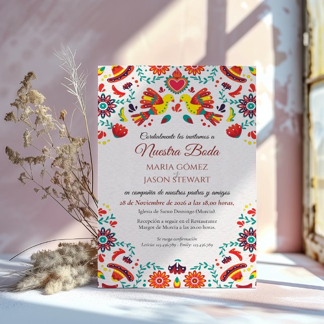Fiesta Sombrero Folk Art Spansk Bröllopsinbjudan Inbjudningar (Fiesta Sombrero Folk Art Spanish Wedding Invitation)