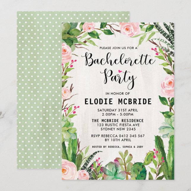 Fiesta Succule Rosa Blommigt Bachelorette Inbjudan (Fram/baksida)