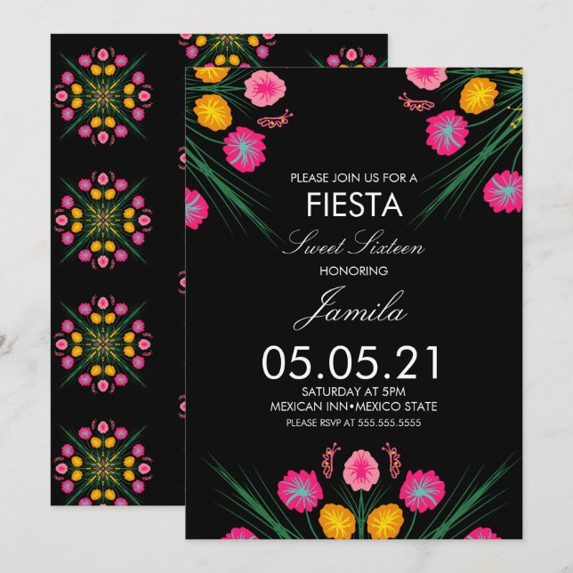 Fiesta Sweet 16 Mexikansk Tecknad Blommig Fjärilar Inbjudningar (Fram/baksida)