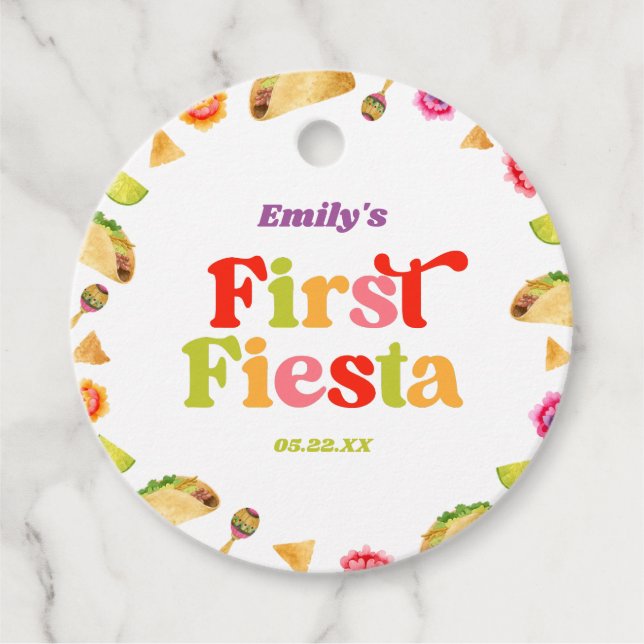 Fiesta Taco 1:a födelsedag Party Gåvor Etiketter (Framsida)