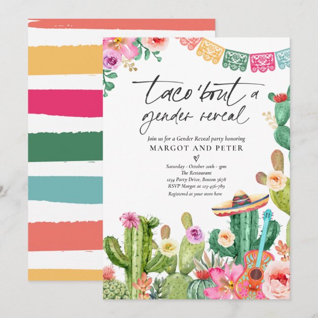 Fiesta Taco "Bout A Gender Reveal Cactus Party Inbjudningar (Fram/baksida)