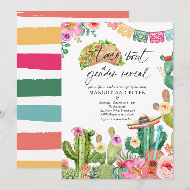 Fiesta Taco "Bout A Gender Reveal Cactus Party Inbjudningar (Fram/baksida)