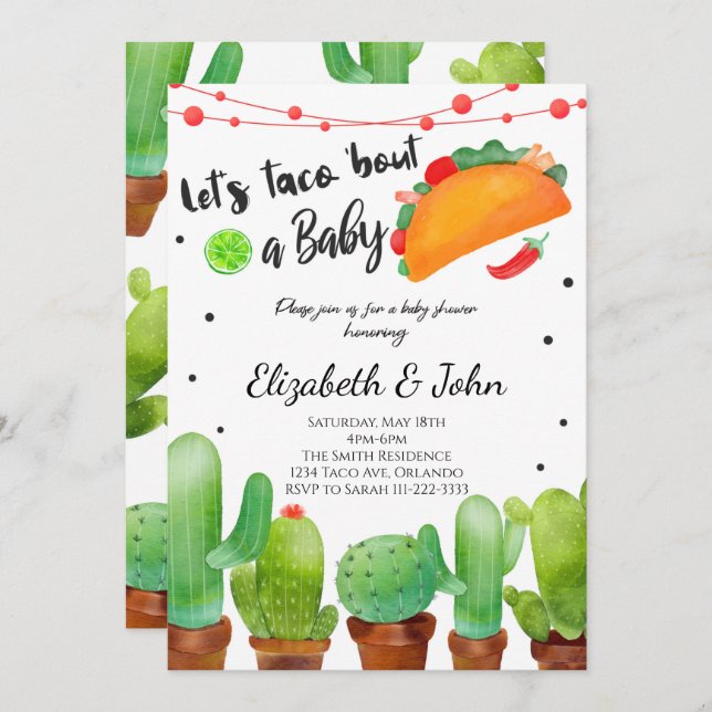 Fiesta Taco Bout Baby Watercolor Cactus Inbjudan (Fram/baksida)
