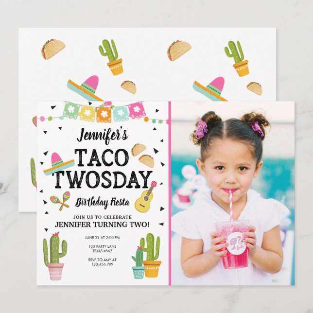 Fiesta Taco Twosday Cactus Girl 2 Birthday Party Inbjudningar (Fram/baksida)