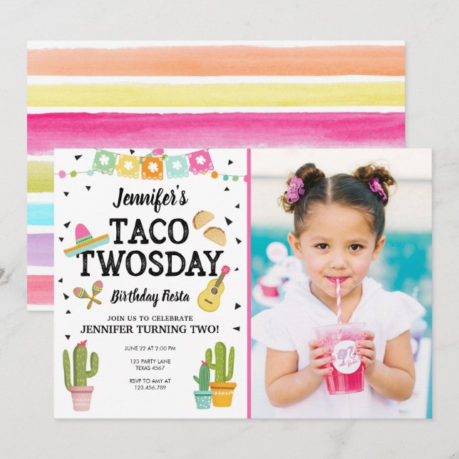 Fiesta Taco Twosday Cactus Girl 2 Birthday Party Inbjudningar (Fram/baksida)