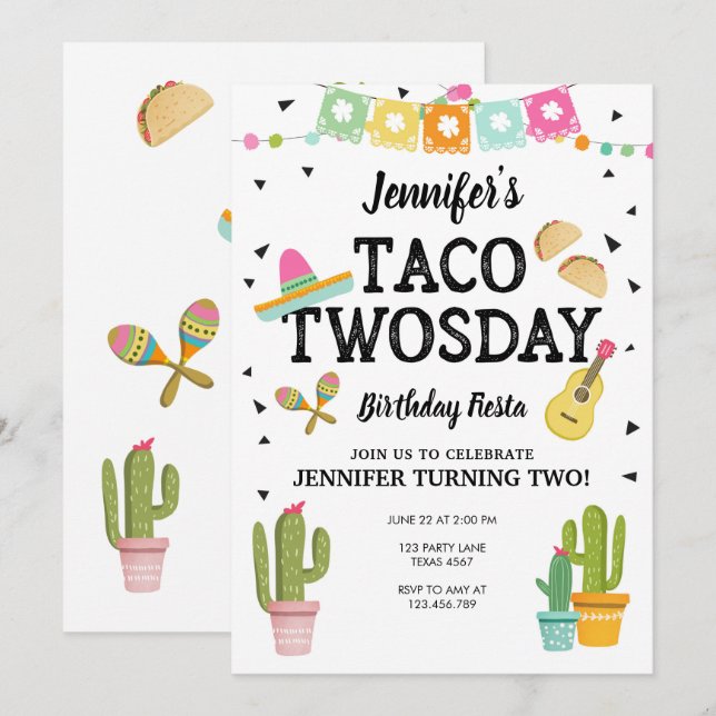 Fiesta Taco Twosday Cactus Girl 2 Birthday Party Inbjudningar (Fram/baksida)