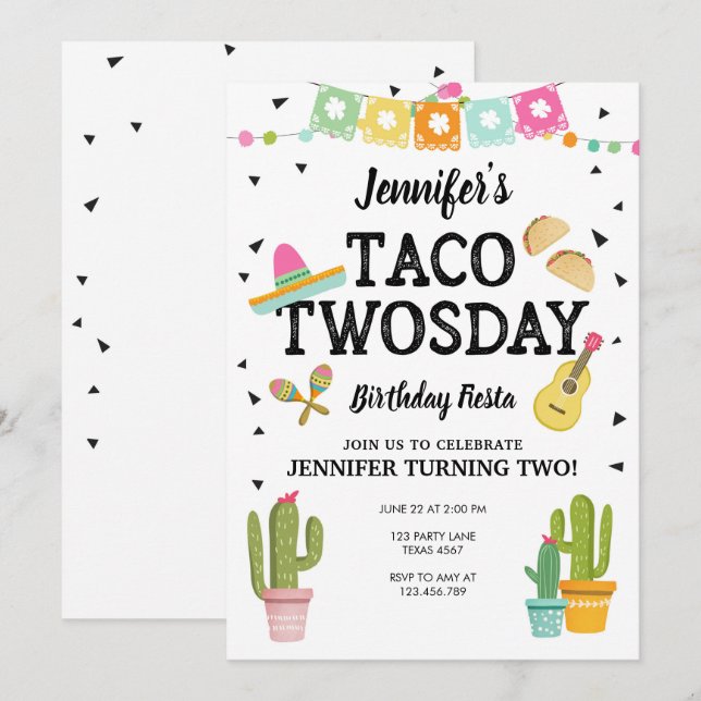 Fiesta Taco Twosday Cactus Girl 2 Birthday Party Inbjudningar (Fram/baksida)
